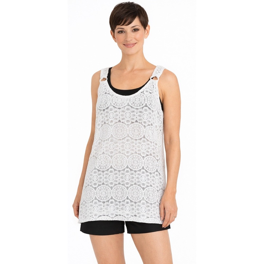 J.‎ Valdi Swim Coverup Women Large White Lace Crochet Tank Tunic Ring Accents
